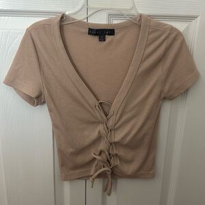 Neutral Front Corset Shirt Tan Short Sleeve Size Small